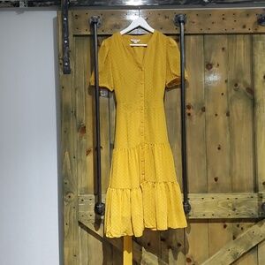 NANETTE LEPORE YELLOW DRESS W SASH SIZE 8 LINED RUFFLES DIESELPUNK FOREST FAIRY